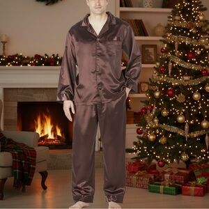 NWT Noble Mount Burgundy Silk-like Men's Satin PJ Loungewear Sleepwear Set